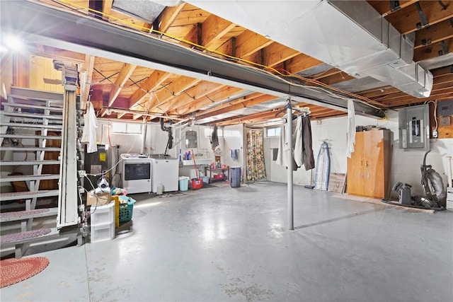 basement with separate washer and dryer, electric water heater, and electric panel