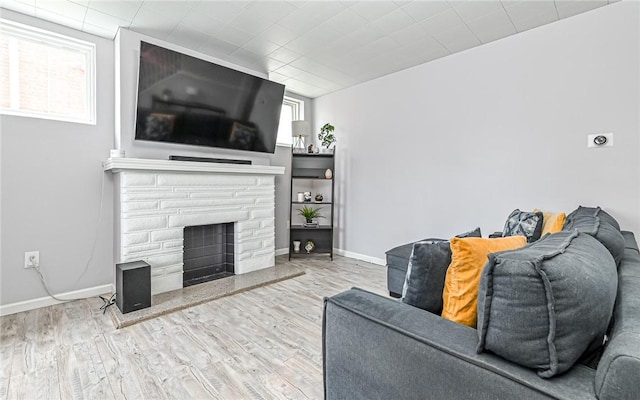 living room with a stone fireplace and wood-type flooring