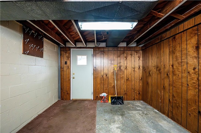 basement with wood walls