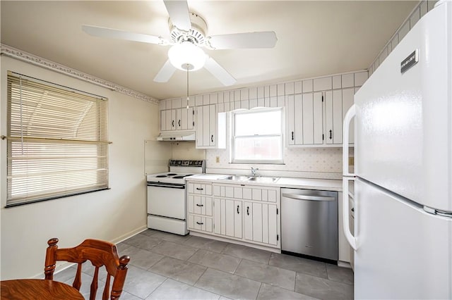 kitchen with ceiling fan, sink, white cabinets, and white appliances