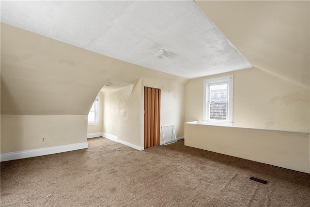 additional living space featuring a wealth of natural light, carpet floors, and vaulted ceiling