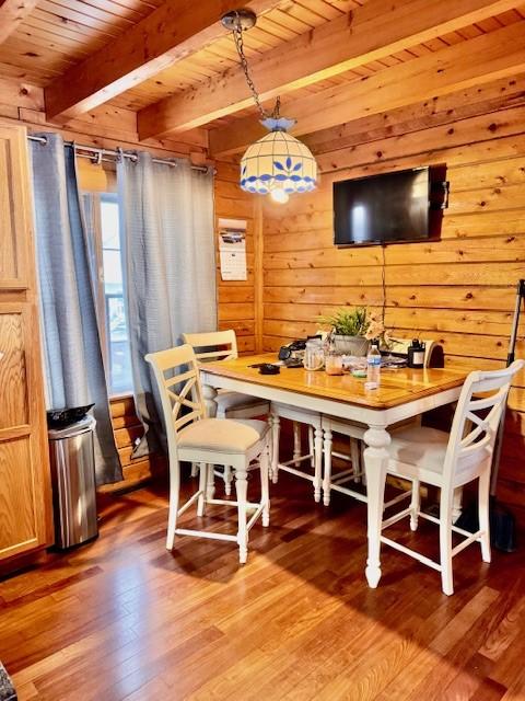 dining room with beamed ceiling, wood walls, wooden ceiling, and hardwood / wood-style flooring