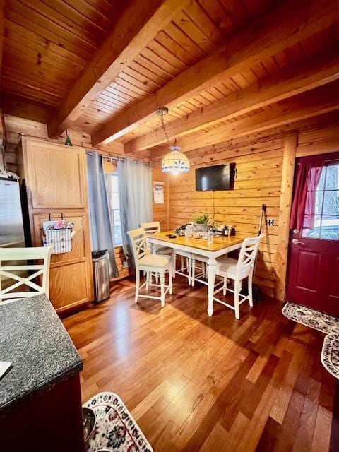 interior space with beam ceiling, hardwood / wood-style flooring, wood ceiling, and wood walls