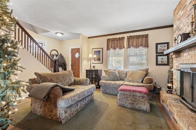 living room featuring a fireplace