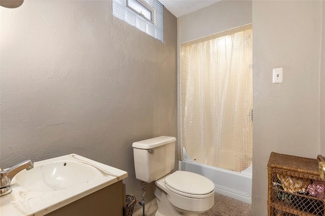 full bathroom with vanity, toilet, and shower / tub combo with curtain