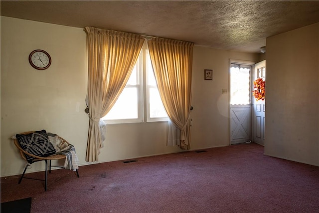 unfurnished room with a textured ceiling, carpet floors, and plenty of natural light