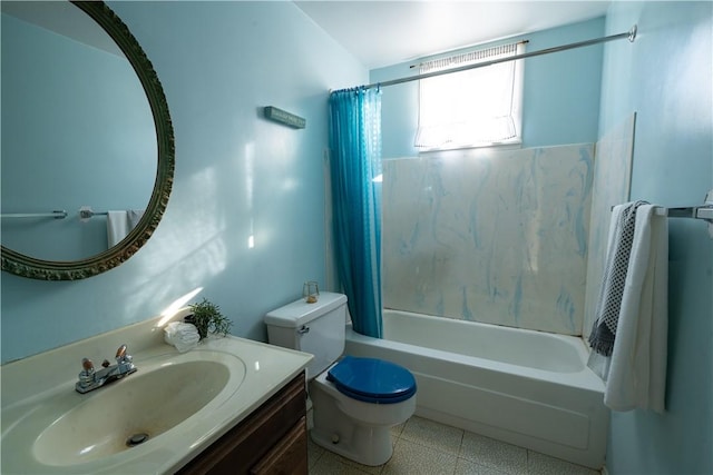 full bathroom with vanity, toilet, and shower / bath combo with shower curtain