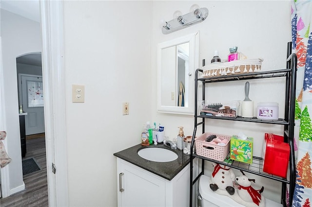 bathroom featuring vanity, hardwood / wood-style flooring, and toilet