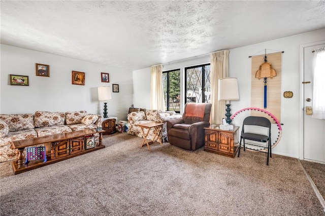 living room with carpet and a textured ceiling