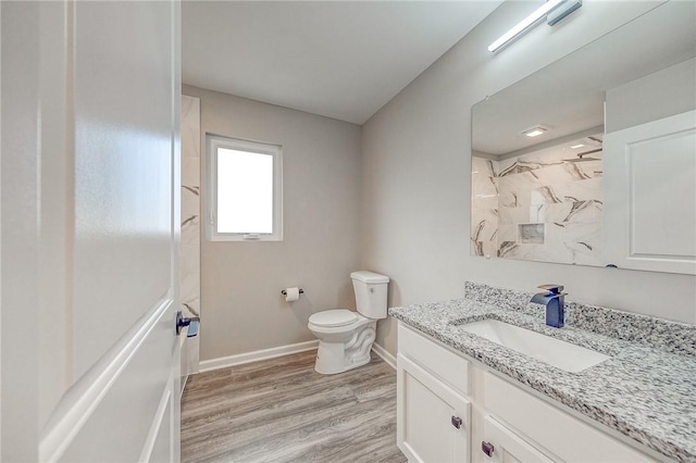 bathroom featuring vanity, toilet, wood-type flooring, and walk in shower