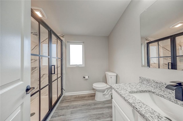 bathroom featuring hardwood / wood-style flooring, vanity, toilet, and an enclosed shower