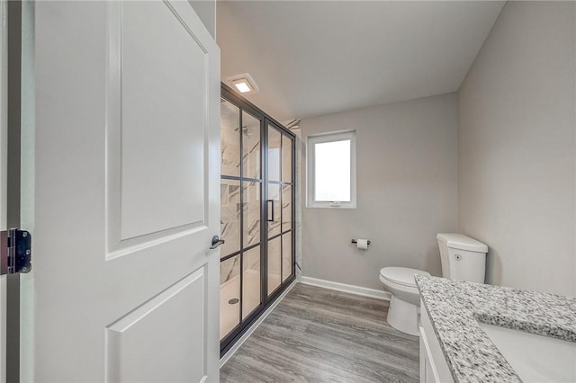 bathroom with hardwood / wood-style floors, vanity, and toilet