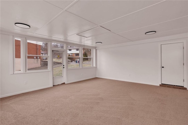 carpeted empty room featuring a drop ceiling