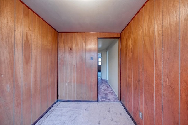 carpeted empty room with wood walls