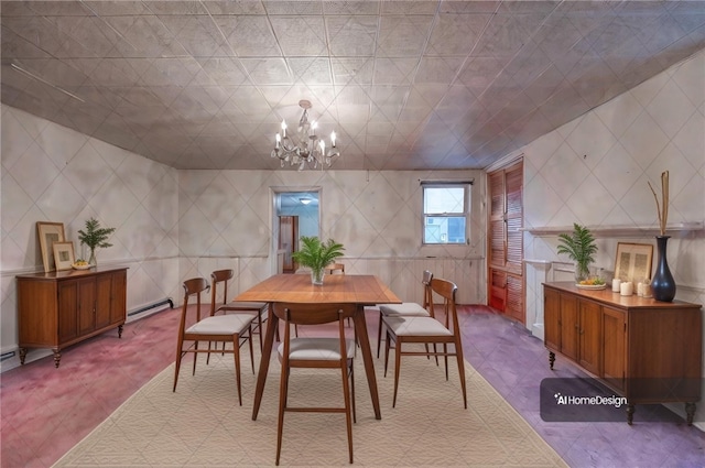 carpeted dining room with tile walls and a notable chandelier