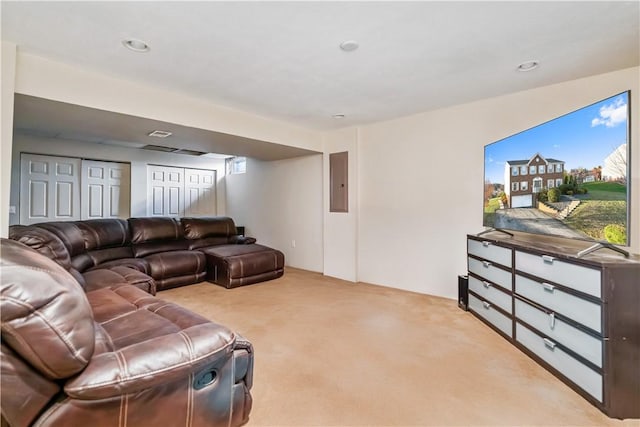 carpeted living room with electric panel