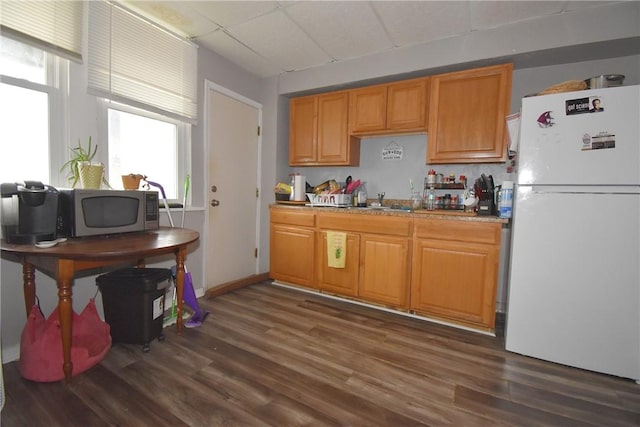 kitchen featuring a paneled ceiling, sink, dark hardwood / wood-style floors, and white refrigerator