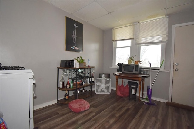 miscellaneous room with a drop ceiling and dark wood-type flooring