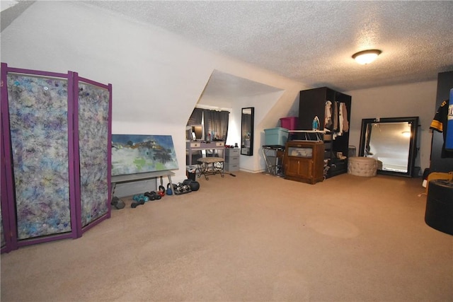 bonus room with carpet flooring and a textured ceiling