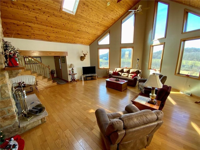 living room with light hardwood / wood-style floors, wood ceiling, and high vaulted ceiling