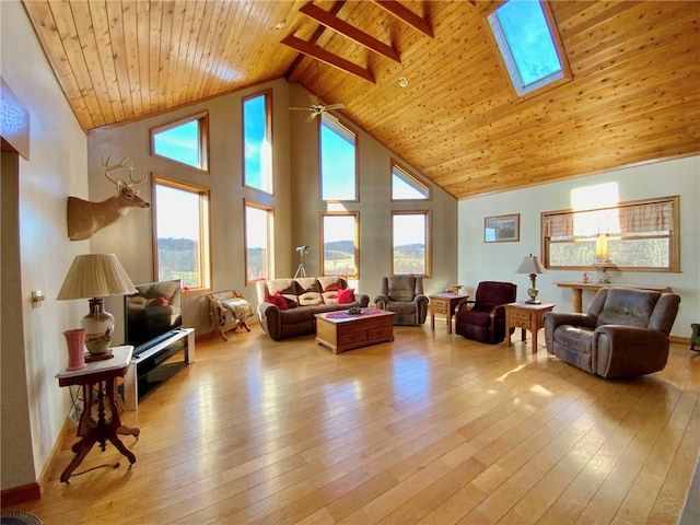 living room with a skylight, ceiling fan, high vaulted ceiling, light hardwood / wood-style flooring, and wooden ceiling