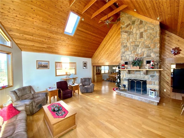 living room featuring wooden ceiling, high vaulted ceiling, a stone fireplace, a skylight, and ceiling fan