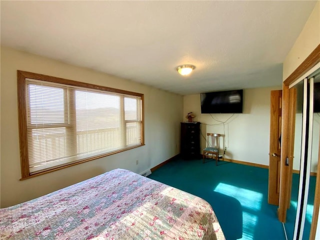 bedroom featuring dark carpet