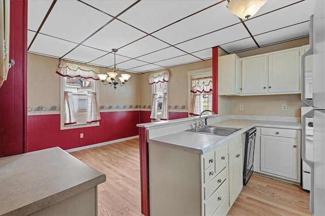 kitchen featuring white cabinets, kitchen peninsula, and sink