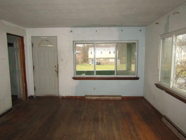 interior space with a healthy amount of sunlight, dark hardwood / wood-style flooring, and baseboard heating