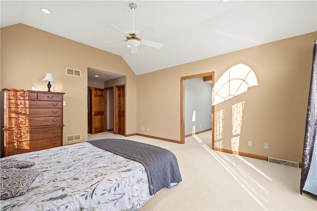 bedroom with light carpet, ceiling fan, and lofted ceiling