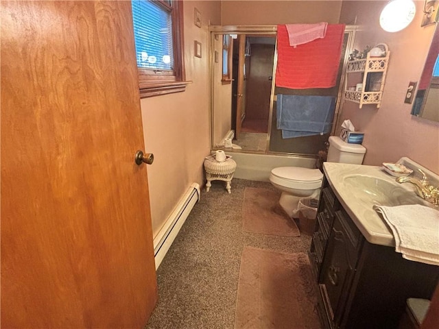 full bathroom featuring vanity, toilet, enclosed tub / shower combo, and a baseboard heating unit