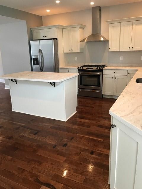 kitchen with white cabinets, appliances with stainless steel finishes, dark hardwood / wood-style flooring, and wall chimney range hood