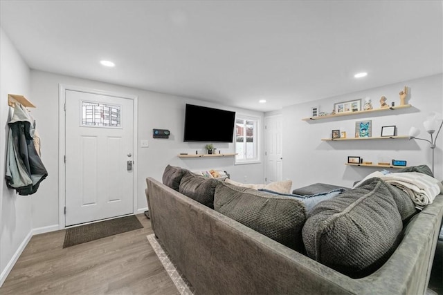 living room with light hardwood / wood-style flooring