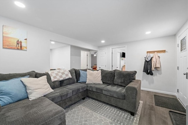 living room with dark hardwood / wood-style floors