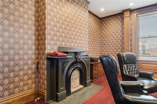 office area featuring crown molding and carpet floors