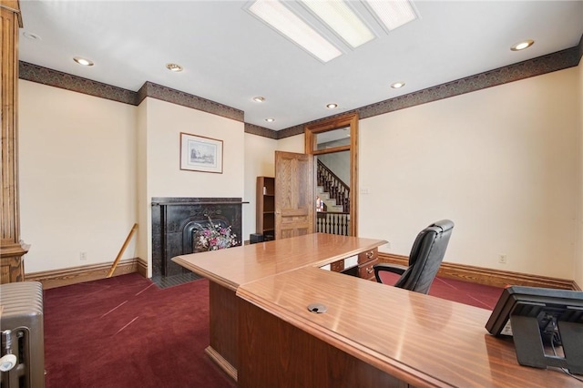 office featuring recessed lighting, baseboards, and dark carpet