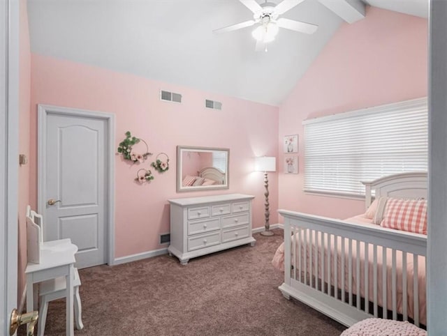 bedroom with ceiling fan, carpet, and lofted ceiling with beams