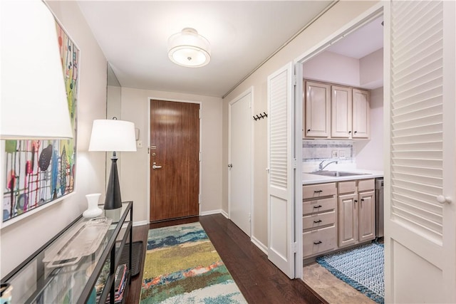 doorway to outside with dark wood-style floors, a sink, and baseboards