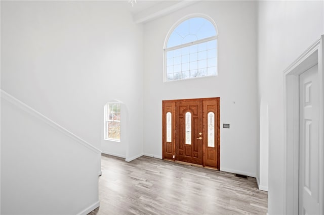 entrance foyer with a towering ceiling and light hardwood / wood-style floors