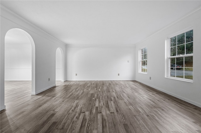 spare room featuring wood-type flooring and crown molding