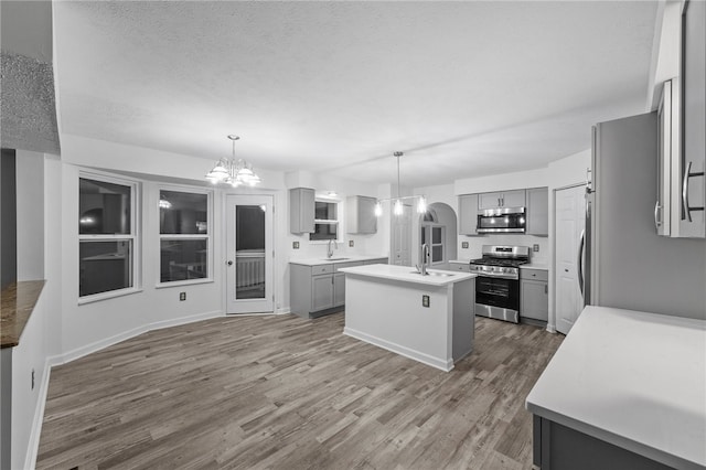 kitchen featuring gray cabinetry, stainless steel appliances, a kitchen island with sink, an inviting chandelier, and hanging light fixtures