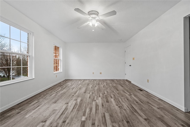 empty room featuring ceiling fan, a wealth of natural light, and light hardwood / wood-style flooring