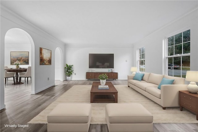 living room with ornamental molding and light wood-type flooring