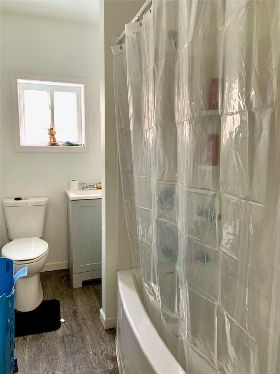 bathroom with hardwood / wood-style floors, vanity, and toilet