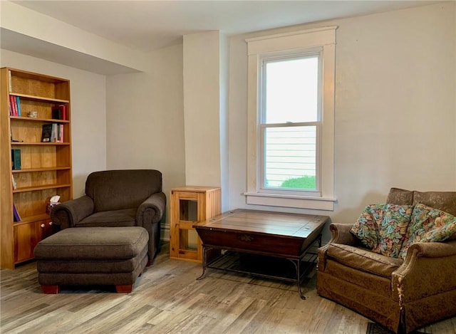 living area featuring a healthy amount of sunlight, light wood-type flooring, and a baseboard heating unit