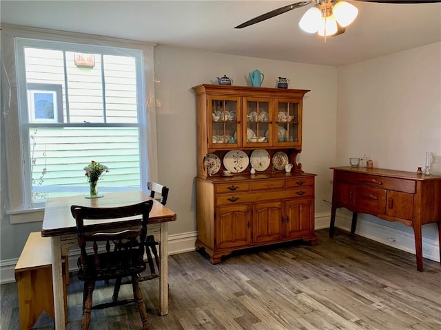 dining space with ceiling fan, hardwood / wood-style floors, and a healthy amount of sunlight