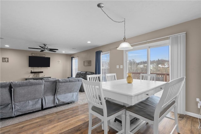 dining room featuring wood-type flooring and ceiling fan