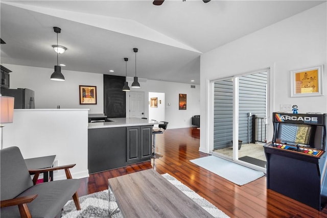 living room featuring dark hardwood / wood-style flooring and lofted ceiling