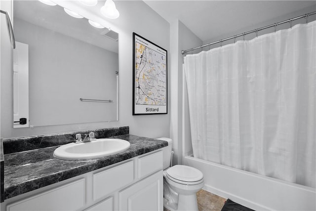 full bathroom featuring tile patterned flooring, vanity, shower / bath combination with curtain, and toilet