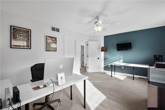 office area with carpet flooring and ceiling fan